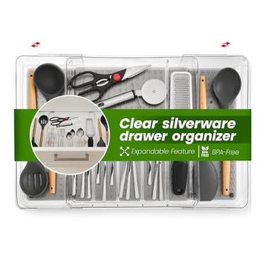Imagem de Organizador de gaveta de utensílios expansível – Bandeja grande de talheres de plástico transparente com vários compartimentos – durável, antiderrapante, cozinha, banheiro, escritório, solução de