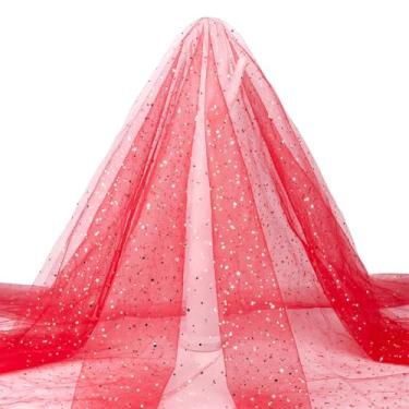 Imagem de HOBBIESAY Tecido de tule com glitter vermelho de 3 jardas, tecido macio de tule brilhante, lantejoulas estreladas em massa para casamentos, cortinas de arco de fotografia, decoração de pano de fundo