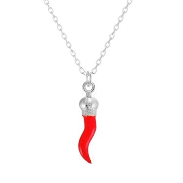 Imagem de Dreuyet Colar de chifre italiano para mulheres e homens, delicado banhado a ouro 14K, cornicello, pimenta, amuleto, pingente, boa sorte, joia de proteção talismã, Middle, Aço inoxidável, Sem Pedra