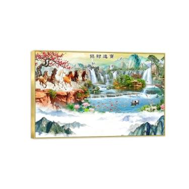 Imagem de Chinoiserie Arte de parede paisagem imagem em tela - cavalo lago montanha - pintura chinesa - impressões de moldura dourada para decoração de casa 80 x 120 cm 31 x 47 pol