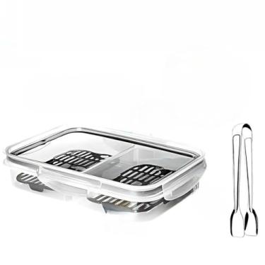 Imagem de Pote Hermético Com Pegador de Frios Porta Frios Com Escorredor Trava Tampa 2 Divisórias Retangular(3 Unidades)