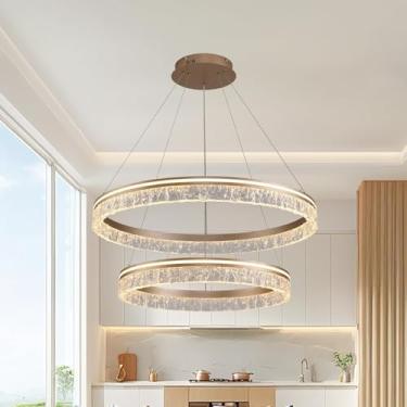 Imagem de Lustre LED moderno com corpo em acrílico texturizado com detalhes dourados, luminária pendente grande para sala de estar, restaurante, com intensidade regulável, ideal para ilha de cozinha,