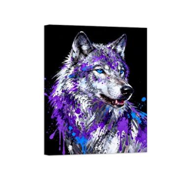 Imagem de Animais Pintura Arte Parede - Retrato Lobo - Impressões em tela - Moderno Colorida Pôster para decoração sala de estar 70x90cm Tela Embrulhada