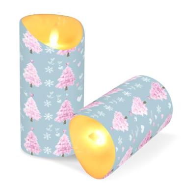Imagem de Blueangle Pacote com 2 velas de árvore de Natal rosa sem chamas com controle remoto e temporizador, velas LED cintilantes (7,6 cm x 9,9 cm) para decoração de casa, casamento, acampamento (23)