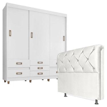 Imagem de Quarto de Casal Guarda Roupa 37020 com Cabeceira Daiana 140 cm Branco – Araplac