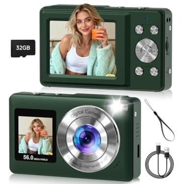 Imagem de Câmera digital, tela dupla de 56 MP com foco automático, captura de sorriso, antirvibração, zoom de 16x, cartão SD de 32 GB, presente Digicam para meninos, meninas e adolescentes