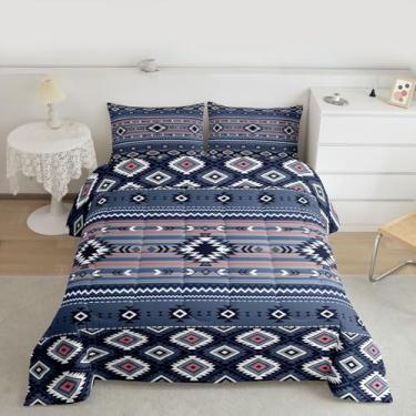 Imagem de jejeloiu Conjunto de edredom boêmio indígena ocidental queen tamanho asteca tribal para crianças, meninos, meninas, étnico, indiano, boêmio, decoração de quarto, azul escuro, 3 peças com 2 fronhas