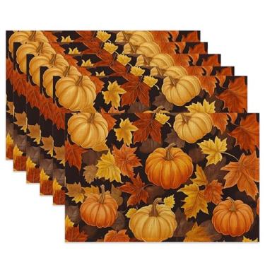 Imagem de Jogo americano de mesa, conjunto de 6, jogo americano de pano de abóbora de outono, tapetes de mesa resistentes ao calor de folha de bordo de ação de graças para decoração de cozinha e sala de jantar
