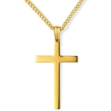 Imagem de Colar masculino com cruz de ouro 24 quilates com pingente sólido banhado a ouro fino para berloques Miami Cuban Link corte diamante, 24inch, Metal, Sem Pedra Preciosa