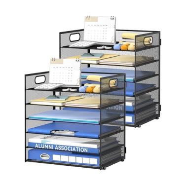 Imagem de Daltack Organizador de papel de 6 camadas para mesa, organizador de bandeja de papel para mesa, organizadores de arquivos de mesa de malha com alça para escritório, casa, escola, preto, pacote com 2