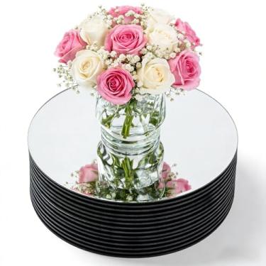 Imagem de Centros de mesa redondos espelhados para decoração de mesas, bandeja espelhada circular de acrílico, placa de vela, decoração de mesa central para decoração de casamento, festa de chá de bebê