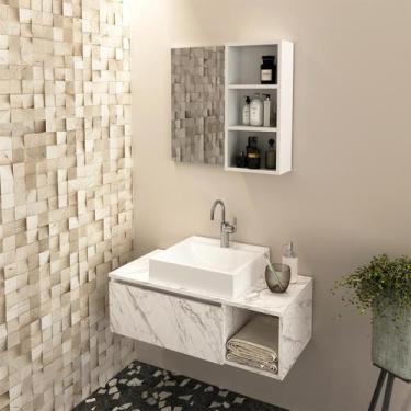 Imagem de Kit Gabinete de Banheiro Suspenso com Cuba e Espelheira Nicho Mármore 