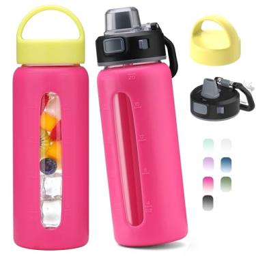 Imagem de Kodrine Garrafa de água de vidro de 590 ml com canudo - 2 tampas - xícara de café gelada com manga de silicone e marcador de tempo, garrafa de vidro reutilizável para casa, escritório, ao ar livre