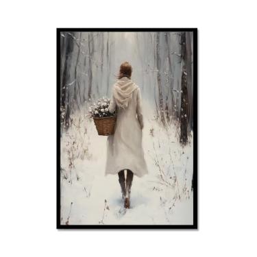 Imagem de Pôster de paisagem de Natal inverno fazenda alce pinhas boneco de neve natureza pintura em tela impressão de parede decoração de sala de estar (SKU1,20.3x30.5 cm = (20x30cm), moldura de metal preto)