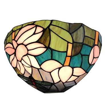 Imagem de Aplique de parede estilo Tiffany com libélula, mediterrâneo, com 1 lâmpada, vitral, design floral, ideal para cabeceira de cama, corredor ou varanda. Potência máxima: 40W.