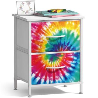 Imagem de Sorbus Mesa de cabeceira com 2 gavetas – mesa de cabeceira infantil – estrutura de aço, tampo de madeira e caixas de tecido fáceis de puxar – cômoda e baú para casa, acessórios de quarto, escritório e