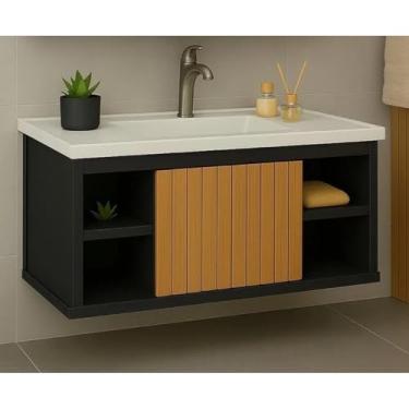 Imagem de Armário Gabinete Completo Para Banheiro Cuba Pia Completo Suspenso Com Nichos Cores (Preto/Ripado)