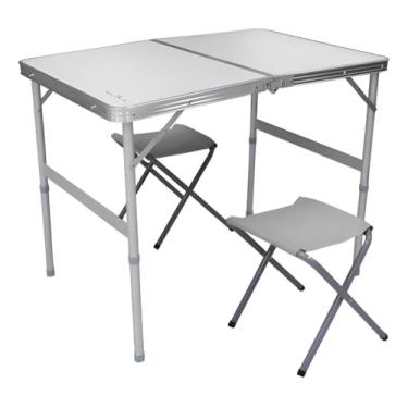 Imagem de Mesa Dobrável Tipo Maleta com 2 Banquetas, Alumínio e MDF Aluminizado, Branca, 90x60x70 cm, Portátil para Camping e Piquenique