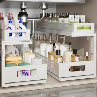 Imagem de Corbyles Pacote com 2 organizadores sob a pia de 53 cm de profundidade com corrediças de rolamento de esferas de última geração, armazenamento de armário de 2 camadas, prateleira de gaveta ajustável