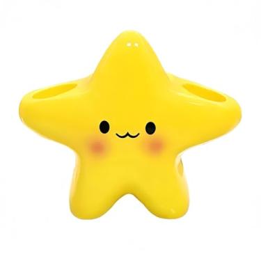 Imagem de Cute Star Suporte de escova de dentes amarelo multifuncional organizador para banheiro bancada maquiagem escova suporte crianças armazenamento de desenhos animados