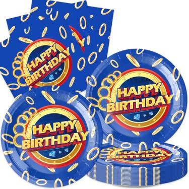 Imagem de 40 peças de decoração de festa azul com anel de ouro para 20 convidados, incluindo guardanapos e pratos para decoração de festa de aniversário de chá de bebê ouriço
