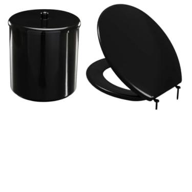Imagem de Assento Vaso Sanitário Almofadado Slim Preto + Lixeira Preta 6L Redondo Com Tampa
