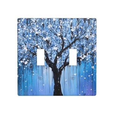 Imagem de Indokyeyqaz Placa decorativa para interruptor de luz azul árvore dupla, 2 placas de interruptor e tampas de tomada 11,4 x 11,4 cm para quarto, banheiro, cozinha, decoração de casa