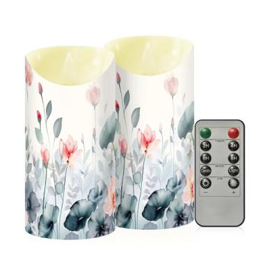 Imagem de Wassud Pacote com 2 velas florais sem chama em aquarela com controle remoto, velas realistas cintilantes com temporizador, velas decorativas para Natal, casamento, festa, decoração de casa média