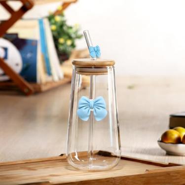 Imagem de Copo de água de palha criativo com laço de vidro fresco e fofo, estilo feminino de uso doméstico para suco, bebidas e chá de leite, utensílios domésticos, copo de suco, copo de vidro fofo, design de