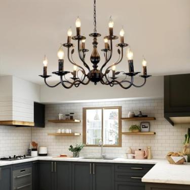 Imagem de Lustre pendente estilo francês campestre com 6 luzes, na cor preta, com design de vela. Luminária pendente vintage de metal para teto, ideal para mesa de jantar, ilha, cozinha e sala de esta