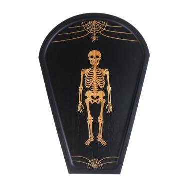 Imagem de Quadro de caixão de Halloween, decoração central de mesa de festa, bandeja de caixão gótico e esqueleto esculpido - placa de banquete de caixão com esqueleto gravado, acessórios essenciais de