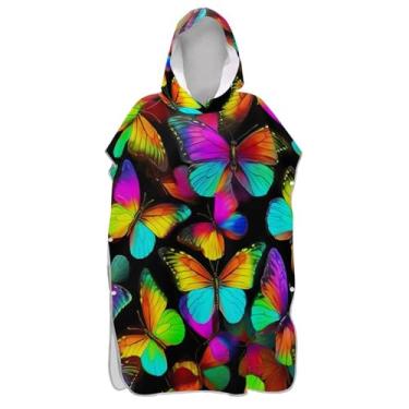 Imagem de TSENQUE Roupão de mudança de poncho de surfe para adultos toalhas de banho com capuz unissex poncho adulto com capuz borboletas neon preto
