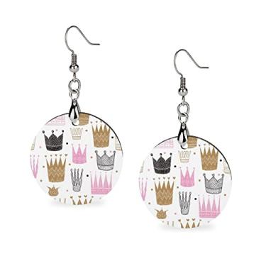 Imagem de Brincos redondos e leves sem costura, rosa, dourado, preto, coroas de princesa em madeira branca, com pingente grande