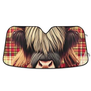 Imagem de Guarda-sol vermelho xadrez de vaca Highland personalizado para para-brisa de carro capa de para-brisa automotiva dobrável universal protetor solar floral L, 144,8 cm x 80 cm