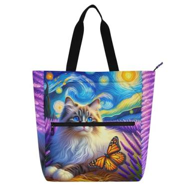 Imagem de Sacola feminina de lavanda com gato fofo noite estrelada bolsa de trabalho de lona bolsa de viagem universitária bolsa de viagem livro presente para amantes de livros