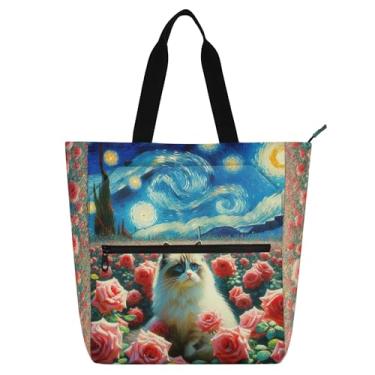 Imagem de GAIGEO Cute Kitten Starry Night Rose Cat Tote Womens Work Bag Canvas Cloth Bags College School reutilizável Gift for Book Lover Handbags