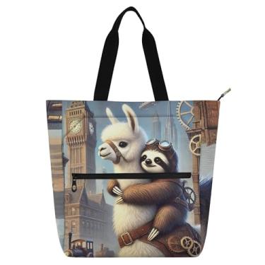 Imagem de Llama Sloth linda sacola feminina de lona de trabalho escolar com zíper, bolsas para professores, presentes para amantes de livros