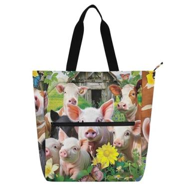 Imagem de Linda bolsa de trabalho com animais de fazenda de porcos para mulheres, bolsa escolar de lona com zíper para crianças, bolsas fofas, presente para amantes de livros