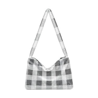 Imagem de Bolsa de pelúcia com símbolos de Natal, bolsas de ombro com zíper, bolsa de ombro feminina, Tecido xadrez cinza e branco, One Size