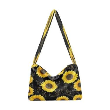Imagem de Bolsa de ombro vermelha sentada no galho com flores, bolsa de ombro para mulheres, bolsas de outono, Girassóis amarelos em preto-4, One Size