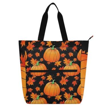 Imagem de Abóboras laranjas folhas de outono pretas bolsas de trabalho para mulheres bolsas de tecido de lona bolsas de tecido para escola universitária livros presentes para amantes de livros