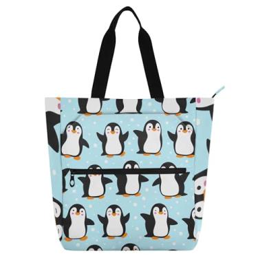 Imagem de Lindos pinguins azul claro bolsas de trabalho para mulheres bolsa de lona com zíper bolsa de praia bolsas de viagem livro amante presente