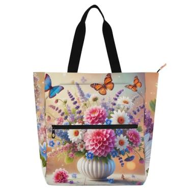 Imagem de Bolsa de trabalho feminina com estampa de borboleta colorida e flor de primavera, bolsa de praia, para professores, para amantes de livros, presentes