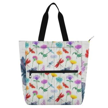 Imagem de GAIGEO Bolsas de trabalho vintage de flores silvestres libélulas para mulheres, bolsas de tecido de lona, faculdade, escola, presente para amantes de livros