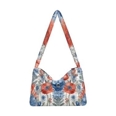 Imagem de Bolsa de pelúcia de aquarela de flores premium, bolsas femininas, bolsas de ombro para mulheres, Bandeira americana vermelha azul branca papoula floral, One Size
