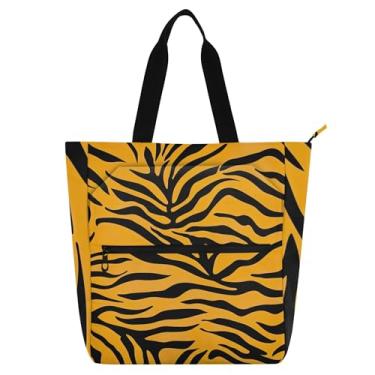Imagem de GAIGEO Bolsa feminina listrada de tigre laranja vibrante bolsa de trabalho de lona com zíper bolsa de praia utilitária infantil presente para amantes de livros
