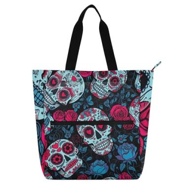 Imagem de GAIGEO Bolsa de mão rosa azul vermelha caveira de açúcar para mulheres crianças com zíper livro escola trabalho viagem bolsa utilitária lona