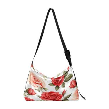 Imagem de Bolsa de ombro Hobo de couro caranguejo vermelho brilhante, colorida, feminina, bolsa tiracolo vegana, Flor estilo aquarela com rosa vermelha - 3, One Size