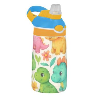 Imagem de Garrafa de água esportiva infantil de 473 ml com tampa de palha, garrafa de água Tritan portátil de 473 ml, copo infantil reutilizável à prova de vazamento, alça de transporte, flores coloridas de