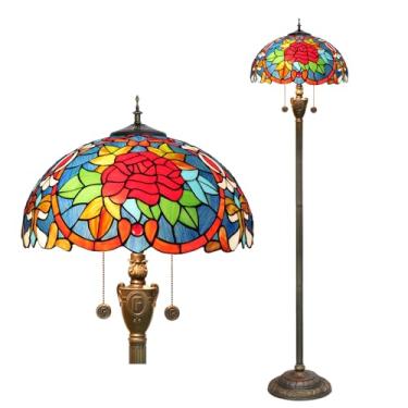 Imagem de Luminária de chão estilo Tiffany [2 lâmpadas][40,6 cm L x 157,5 cm A] Luminária decorativa para casa com rosa de vitral antigo, ideal para leitura em sala de estar, quarto, corredor, canto o